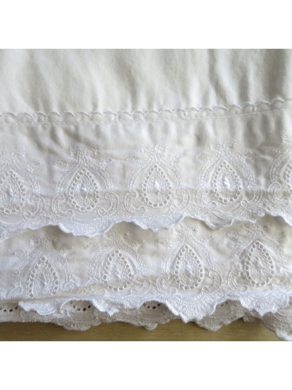 Vintage King Flat Sheet With Embroidered Scalloped Hem - White Cotton Bedding